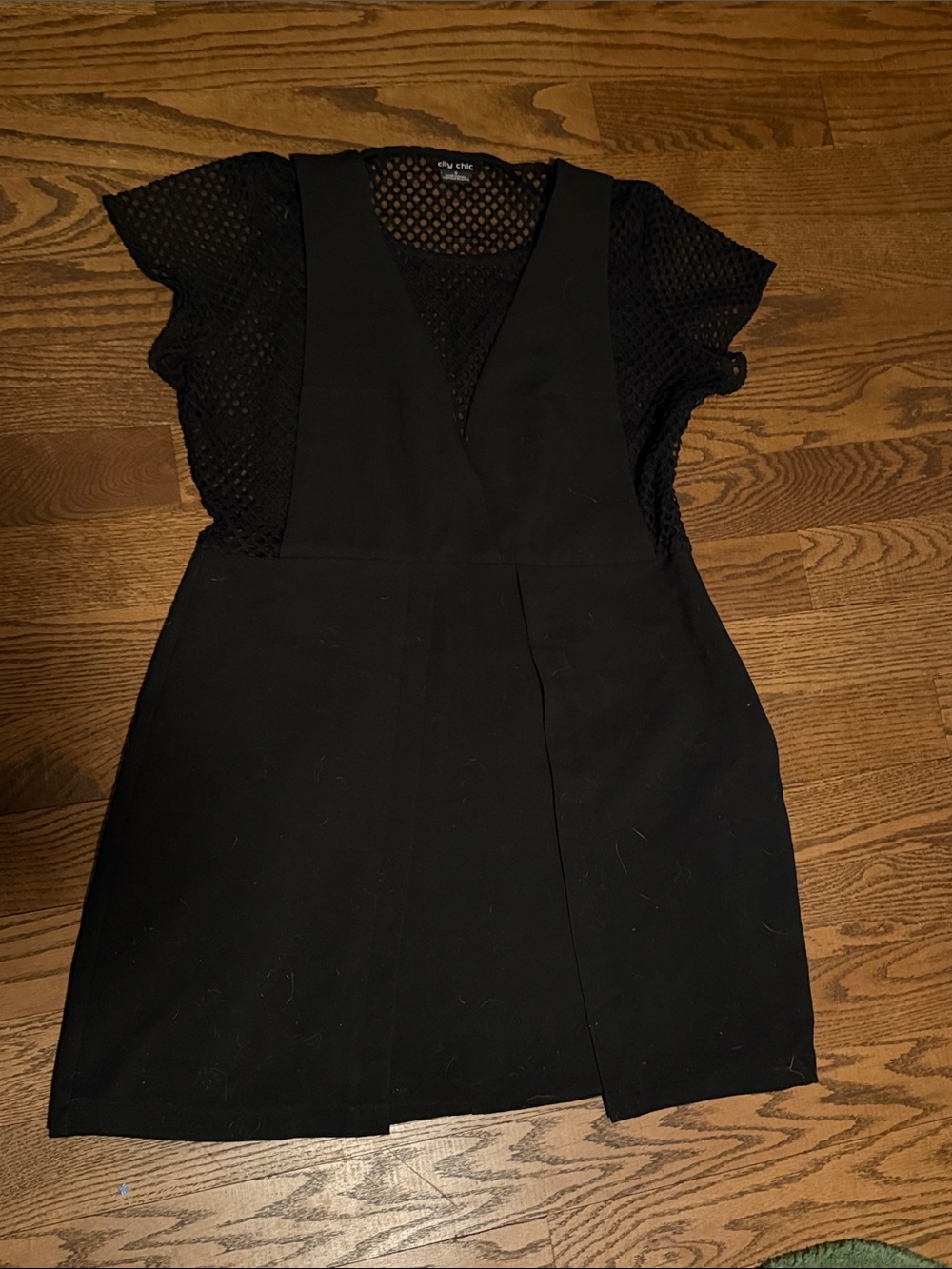 City Chic Black Mini Dress With Fishnet Top